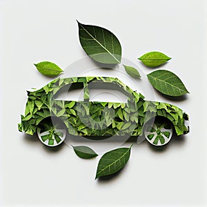 Green electric car made from leaves, sustainable and renewable ressources, eco power, environment issue