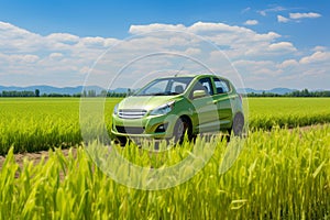 Green electric car parked in field with eco-fuel concept, cloudy landscape background