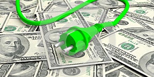 Green electric power plug on dollars banknotes. 3d illustration