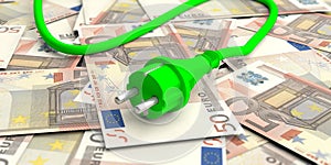 Green electric power plug on euros banknotes. 3d illustration