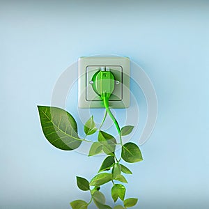 Green electric power socket with fresh leaves. Renewable and saving energy, eco or green power consumption concept