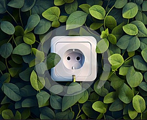 Green electric power socket with fresh leaves. Renewable and saving energy, eco or green power consumption concept