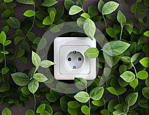 Green electric power socket with fresh leaves. Renewable and saving energy, eco or green power consumption concept