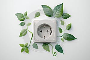 Green electric power socket with fresh leaves top view, created with Generative AI technology