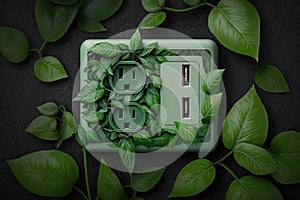 Green electric power socket with fresh leaves top view, created with Generative AI technology