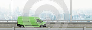 Green electric van in a city 3d render