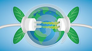 Green electricity. Electric cable with leafs and world globe. Vector illustration.