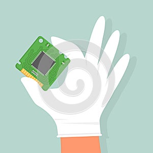 Green Electronic Microcircuit in hand. The microprocessor and computer chip icon. Computer component central processing unit CPU.