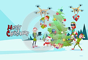 Green Elf Group Decoration Christmas Tree With Drone Wear Virtual Reality Glasses New Year Greeting Card