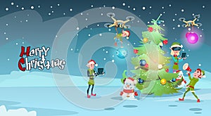 Green Elf Group Decoration Christmas Tree With Drone Wear Virtual Reality Glasses New Year Greeting Card