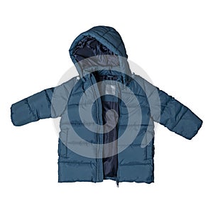 Green emerald children`s winter autumn jacket with a hood isolated on white background. Front view. Waterproof jacket for child,