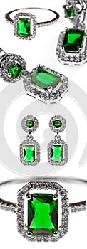 Green emerald jewelry, ring and earrings isolated on white