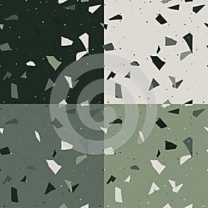 Green and emerald terrazzo set seamless pattern in modern style on grey background. Flooring venetian wall