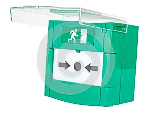 Green emergency door release button with open transparent lid isolated on white background