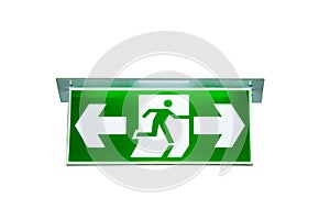 Green emergency exit sign the way to escape isolated clipping pa