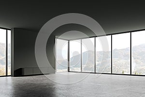 Green empty hall in modern apartment, panoramic window on countryside