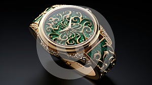 Green Enamel And Gold Watch With Intricate Woodcut Design