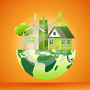 Green Energy. 3d illustration of house, building. solar panels and wind turbines above the earth