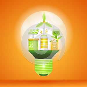 Green Energy. 3d illustration of solar panel, wind turbine, battery and petrol in lamp