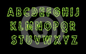 Green Energy Alphabets Glowing Letters With Green Flames and Smoke isolated on black. Motion Monster Text effect