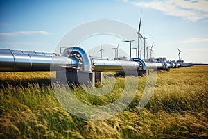 Green energy is an alternative use of nature. Gas pipeline pipes in a field, close-up. Wind turbines with blades, electricity