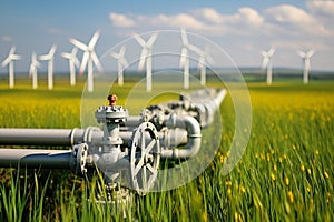 Green energy is an alternative use of nature. Gas pipeline pipes in a field, close-up. Wind turbines with blades, electricity