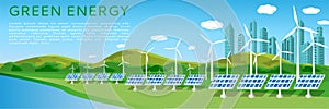 Green energy banner design with wind turbines and solar panels on landscape and cityscape background.