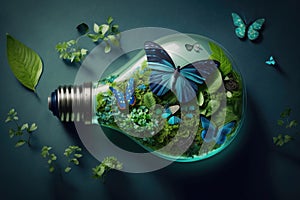 Green energy banner concept. Light bulb made from green plants with blue butterflies. AI generated