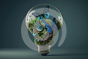 Green energy banner concept. Light bulb made from green plants with blue butterflies. AI generated