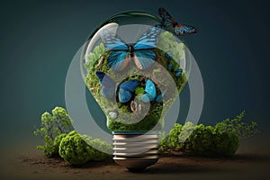 Green energy banner concept. Light bulb made from green plants with blue butterflies. AI generated