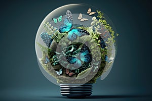 Green energy banner concept. Light bulb made from green plants with blue butterflies. AI generated