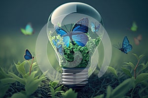 Green energy banner concept. Light bulb made from green plants with blue butterflies. AI generated