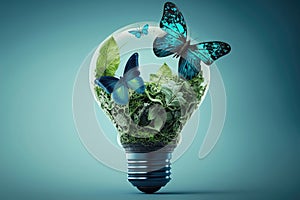 Green energy banner concept. Light bulb made from green plants with blue butterflies. AI generated