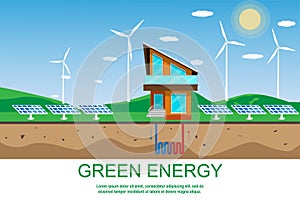 Green energy banner design. Concept Solar  wind  geothermal energy  modern eco-home.