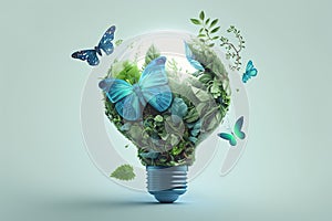 Green energy banner with a lamp bulb decorated with flowers