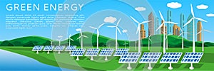 Green energy banner with solar panels and wind turbines on the background of the cityscape and summer landscape.