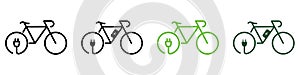 Green Energy Bike Line and Silhouette Icon Color Set. Ecological Electric Bicycle. Electricity Power Eco Bike with