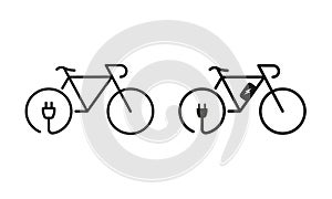 Green Energy Bike Line and Silhouette Icon Set. Ecological Electric Bicycle. Electricity Power Eco Bike with Charge Plug