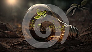 Green energy and a bright future. Light bulb in soil, concept of green energy.