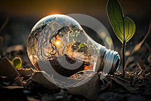 Green energy and a bright future. Light bulb in soil, concept of green energy. generative AI