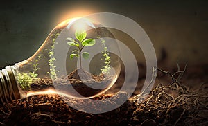 Green energy and a bright future. Light bulb in soil, concept of green energy. generative AI