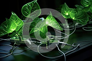 green energy concept: artificial leaves with power cords