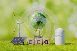 Green energy concept background with wind power,hydrogen energy,solar power and bulb lamp with earth inside wooden cube with