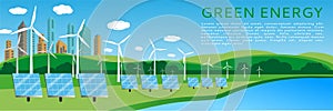 Green energy concept banner design with wind turbines and solar panels on the background of the cityscape.