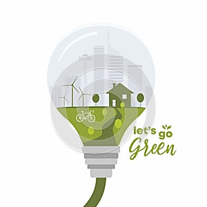 Green energy concept banner. Flat metaphor creative with light bulb and eco city. Go green quote typography, industrial