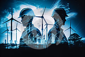 Green energy concept. Double exposure of engineers on the background of windmills. Generative AI, Generative, AI