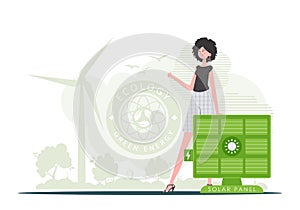 Green energy concept. The girl is standing near the solar panel. trendy style. Vector illustration.