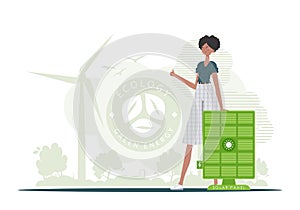 Green energy concept. The girl is standing near the solar panel. Vector. trendy style.