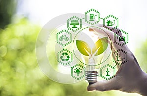green energy concept help reduce global warming..Hand holding natural background light bulb on green leaf with clean energy icon