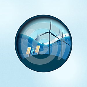 Green energy concept. Paper art of solar panel and wind turbine. Ecology and Environment issues. Vector illustration